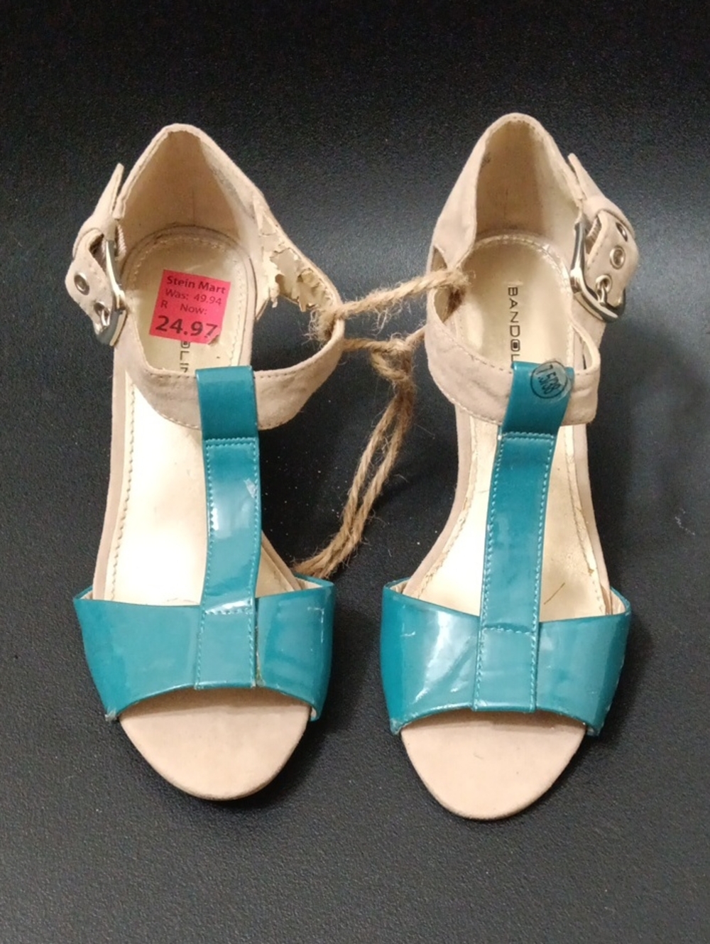 Bandolino Teal and Cream Patent T-Strap Sandals